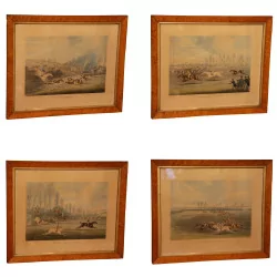 Set of 4 engravings “Horse race” under glass with …