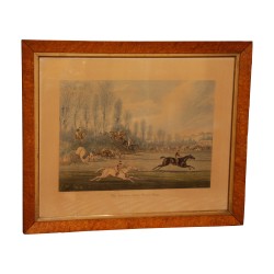 Set of 4 engravings “Horse race” under glass with …