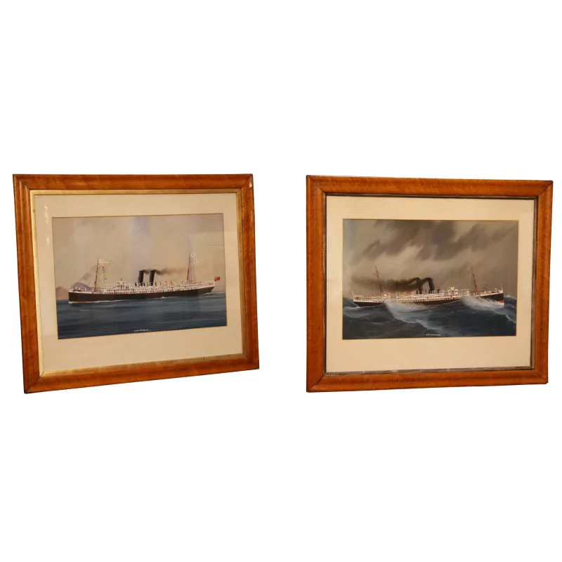 Pair of “Marine” gouaches under glass, signed in the center in … - Moinat - Painting - Navy