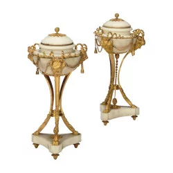 Pair of \"Aux Satyres\" cassolettes in white marble and bronze