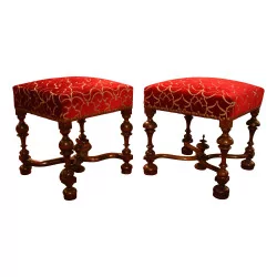 Pair of Louis XIV stool mounted in walnut covered with velvet …