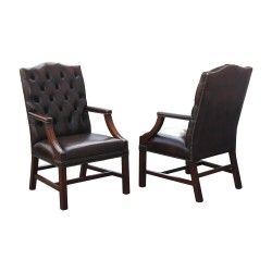 Pair of Regency style brown leather armchairs, in