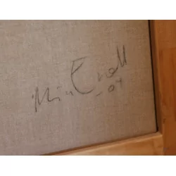 Tisch, Acryl auf Leinwand mit Inschrift auf braunem Grund …