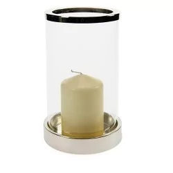 Photophore en verre avec socle et baguette en métal argenté.