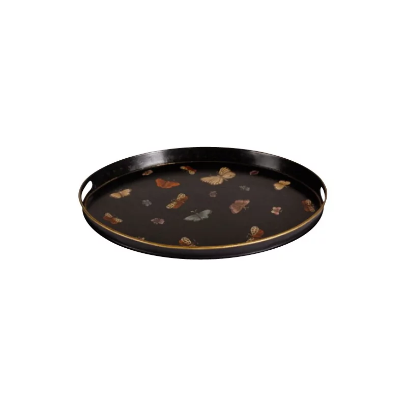 Sheet metal tray painted with butterflies on a black background. - Moinat - Plates