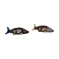 Paire de poissons (Vide-poche) polychrome en Vieux …