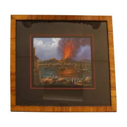 Tableau gouache sous verre Napolitaine, volcan en