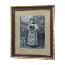 Kohlemalerei hinter Glas „Porträt einer Frau in Tracht …
