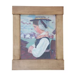 Картина маслом на панно «Девушка в валезанском костюме - …