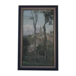 Oil painting on canvas with black painted gilt wood frame - …