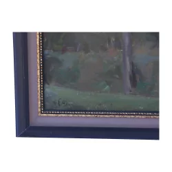 Oil painting on canvas with black painted gilt wood frame - …