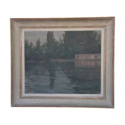 Tableau, huile sur toile avec cadre en bois peint “Bord de lac …