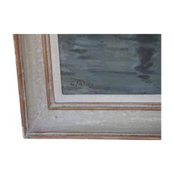 Tableau, huile sur toile avec cadre en bois peint “Bord de lac …
