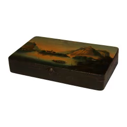 个彩绘金属盒，盒盖上有景观装饰。意大利 …