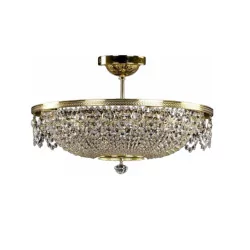 Ceiling light with 9 lights and crystals, structure in polished brass.
