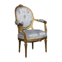 Ensemble de salon Louis XVI en bon état recouvert de Lampas de