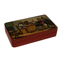 Boite rectangulaire en métal peint avec dessus décor scène de
