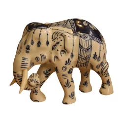 Elephant in white porcelain with blue painted decorations on it...