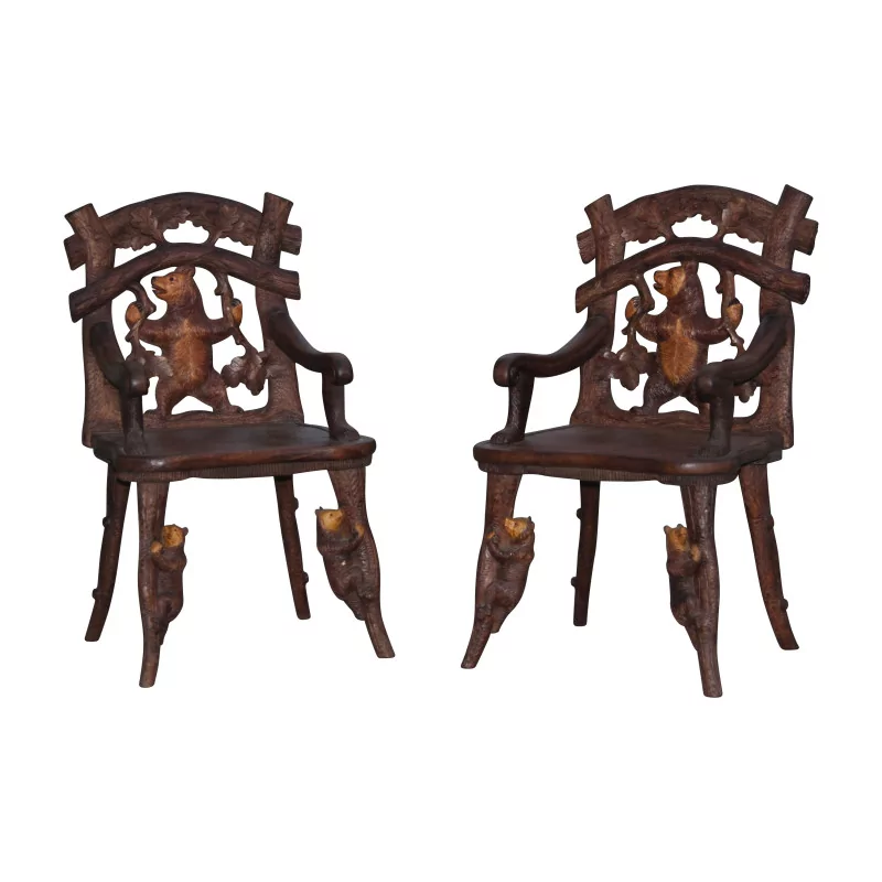 Pair of Brienz “Ours” armchairs, in carved wood, … - Moinat - Brienz