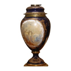 Sèvres porcelain lamp painted blue with scene decoration …