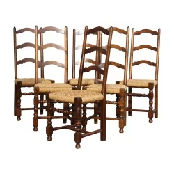 Set of 6 Louis XIII chairs in woven straw and wood …