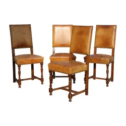 Set of 4 chairs in Havana-coloured leather, nail finish …