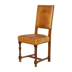 Set of 4 chairs in Havana-coloured leather, nail finish …