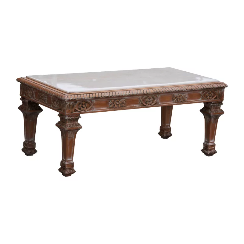 Table de salon en bois sculpté patiné avec marbre blanc. - Moinat - Tables de salon