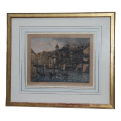 Gravure sous verre avec cadre baguette en bois doré, signé et …