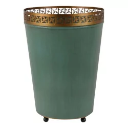 Wastepaper basket in green and bronze painted sheet metal.