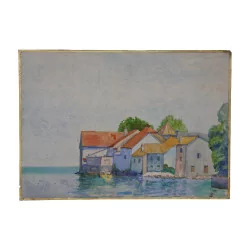 Tableau aquarelle “Villas bord de lac”, de Henri RUEGGER (1881 …
