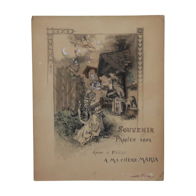 Zeichenbrett auf Karton „Souvenir Ostern 1904“, von Henri … - Moinat - Ruegger