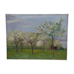 Oil painting on cardboard “Apple trees in bloom at Chevrens”, …