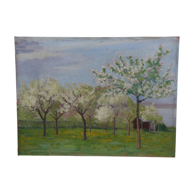 纸板油画“雪夫伦盛开的苹果树”,…… - Moinat - 画 - 景观 纸板油画“雪夫伦盛开的苹果树”,…… - Moinat - 画 - 景观