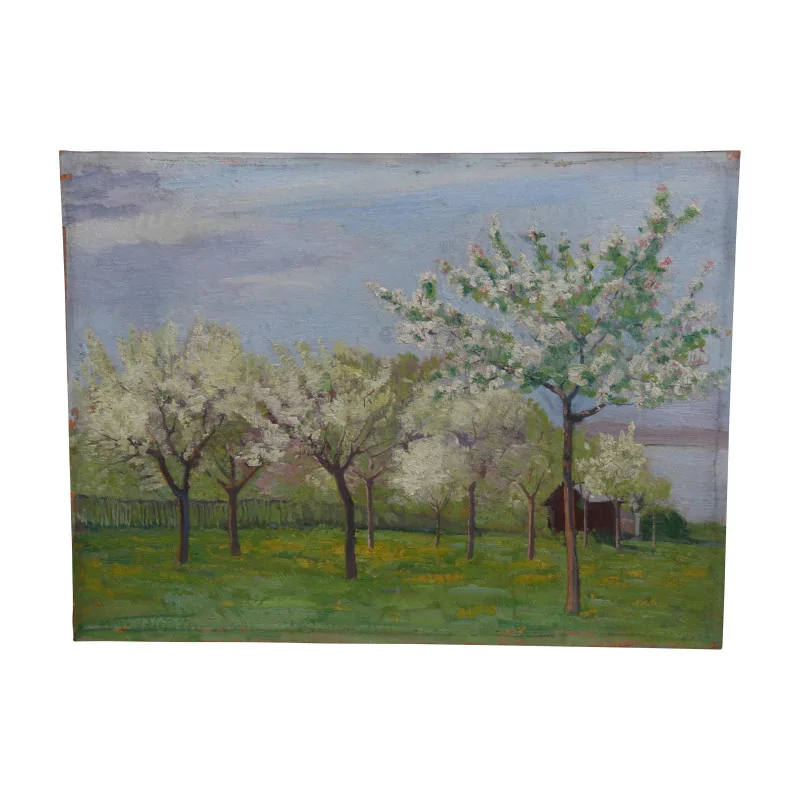 Oil painting on cardboard “Apple trees in bloom at Chevrens”, … - Moinat - Ruegger