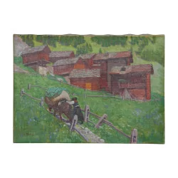 Oil painting on canvas “Valaisanne climbing the hay …