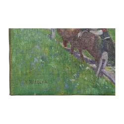 Oil painting on canvas “Valaisanne climbing the hay …