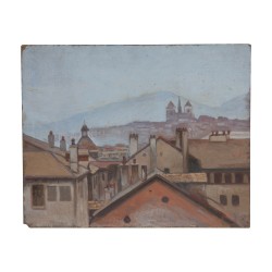 Tableau sur carton sans cadre “Toits de Genève et Saint …