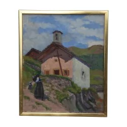 布面油画“La Forclaz 的小教堂”，Henri …