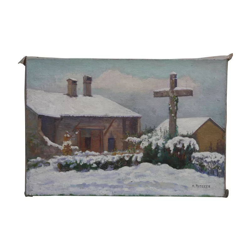 Oil painting on canvas “Farm under the snow”, by Henri … - Moinat - Ruegger