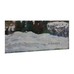 Oil painting on canvas “Farm under the snow”, by Henri …