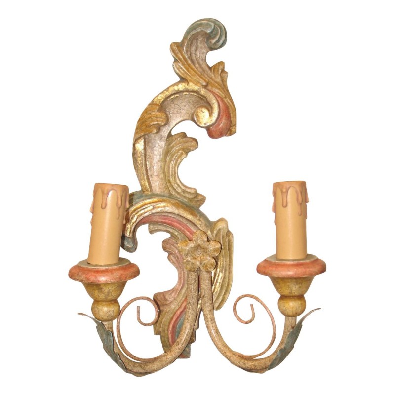 2 Appliques en bois et bras en métal polychrome. - Moinat - Appliques murales