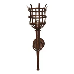 “Torchere” wall light in wrought iron painted brown.