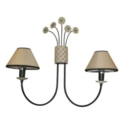 2 Sconces in green painted metal and earthenware, with lampshade.