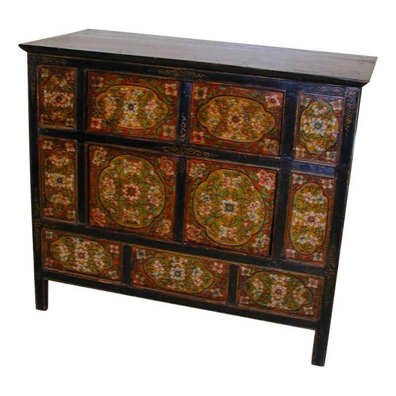 Meuble Tibétain avec motif de fleurs blanches, avec 4 portes. - Moinat - Bahuts, Bars, Buffets, Coffres, Enfilades Meuble Tibétain avec motif de fleurs blanches, avec 4 portes. - Moinat - Bahuts, Bars, Buffets, Coffres, Enfilades