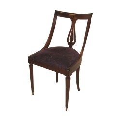 9 English mahogany chairs with placet upholstered in purple fabric.