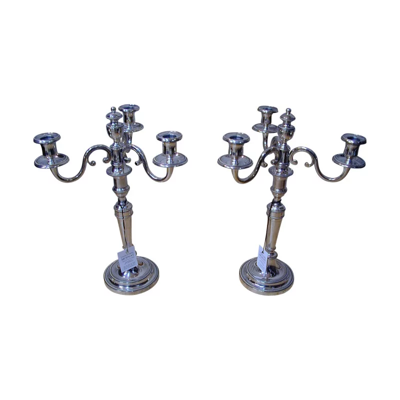 Pair of candelabra with 3 LS XVI lights, silver finish. - Moinat - Candleholders, Candlesticks