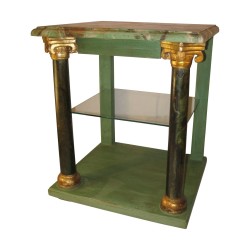 green painted bedside table with faux marble top, ionic columns...