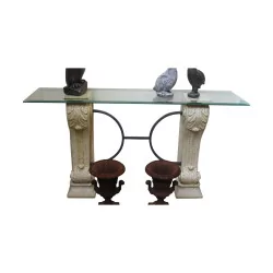 stone console with glass top.