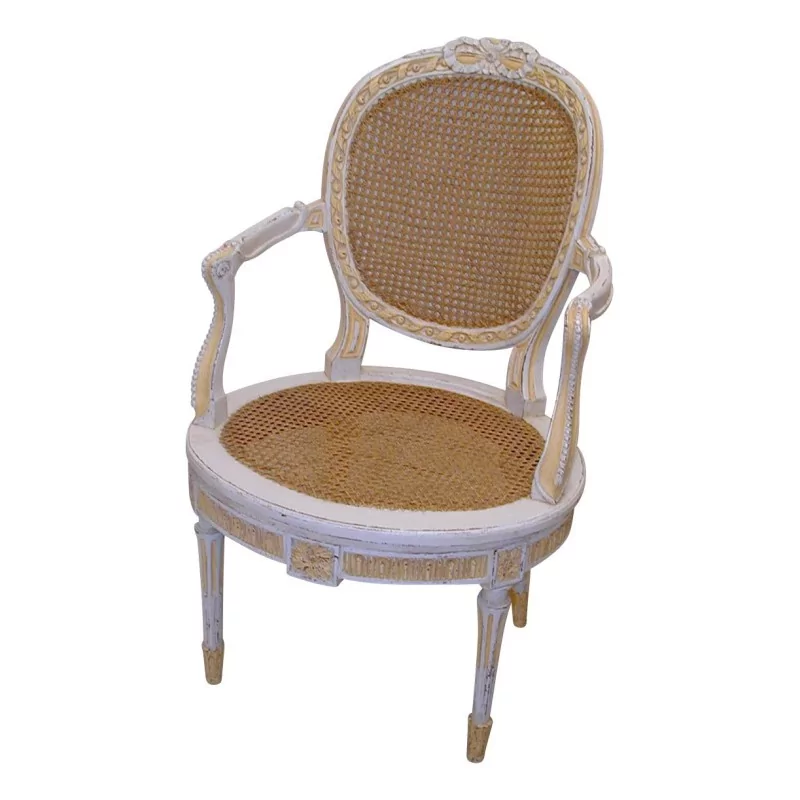 Fauteuil Louis XVI canné,laqué jaune et blanc. - Moinat - Fauteuils